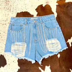 Rhinestone Fringe Jean Shorts - Size Medium 5-7.